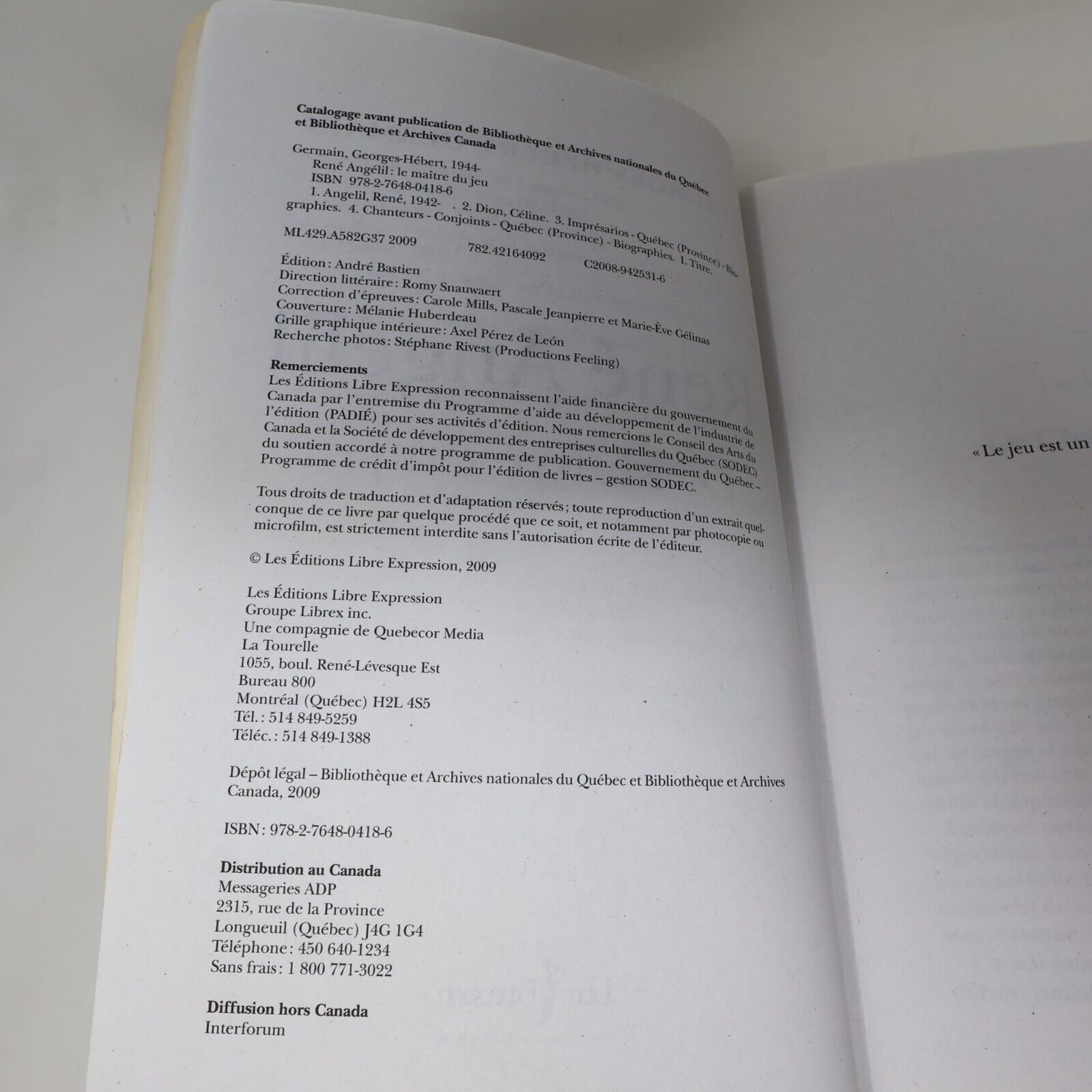 2009 René Angélil le Maître du Jeu Georges-Hébert Germain Biographie Musique PB