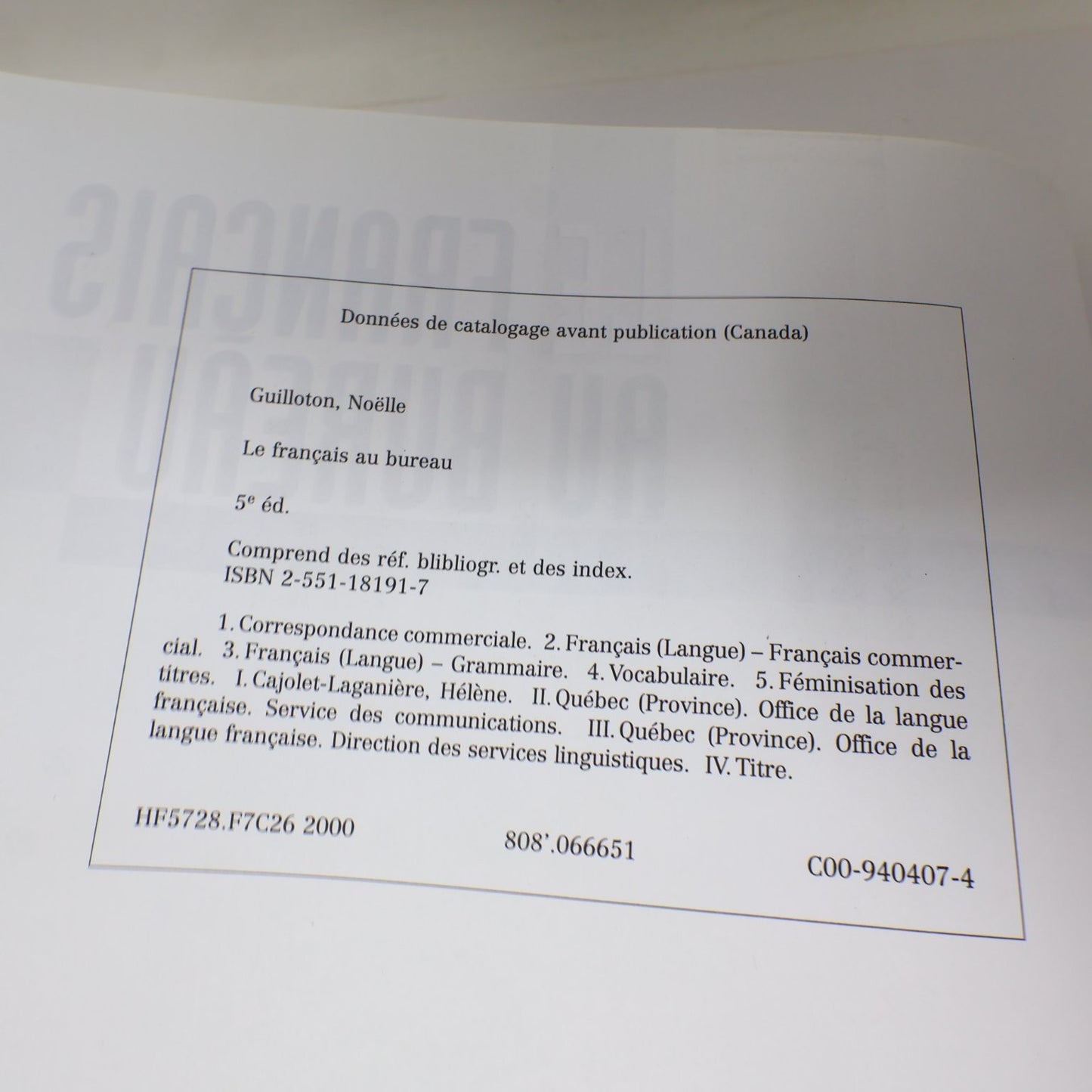 Le Français au Bureau Guilloton/Cajolot-Laganière 2000 5e Édition Québec Langue