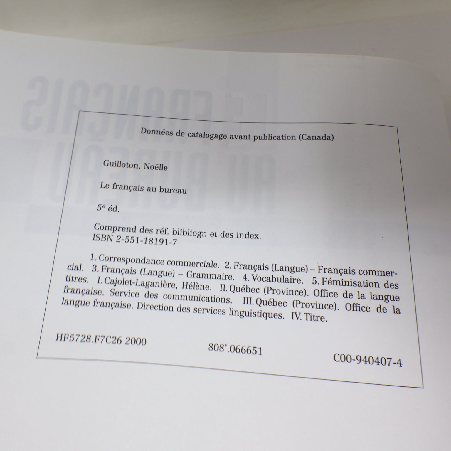 Le Français au Bureau Guilloton/Cajolot-Laganière 2000 5e Édition Québec Langue
