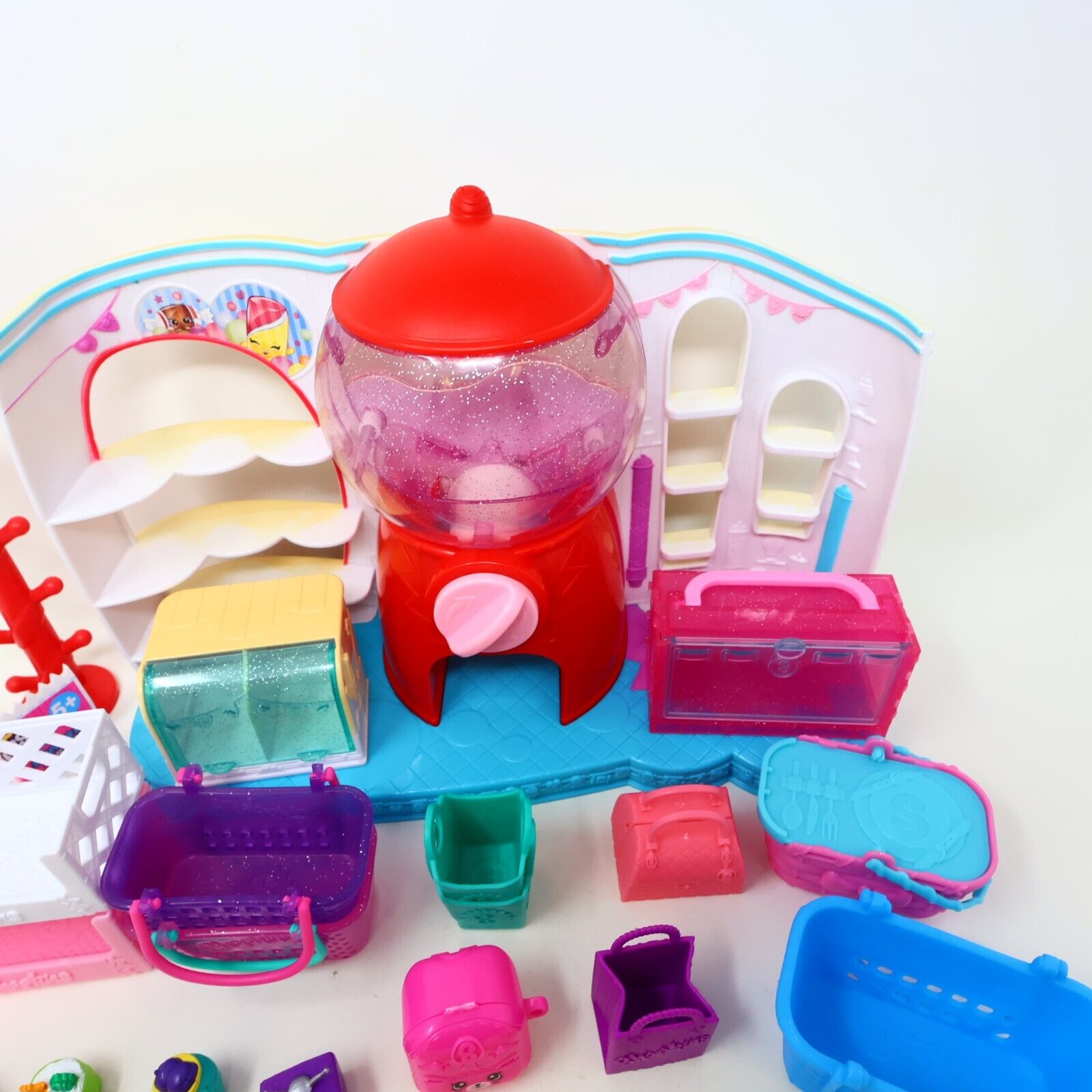 Lot of 20 Shopkins Figures + Sweet Spot Candy Shop Toys Baskets Mixed Moose