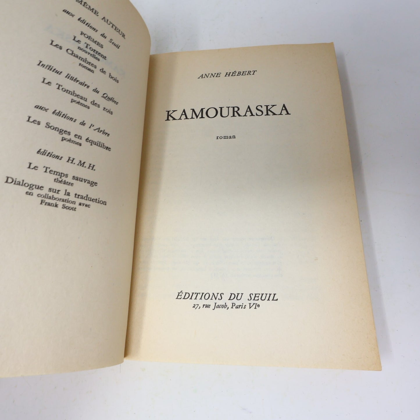 Anne Hébert Lot 2 Livres Kamouraska/Les Enfants du Sabbat Littérature Québécoise