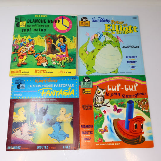 Disney Disneyland Lot 4 Livre Disque 7" Fantasia/Peter/Tuf-Tuf/Blanche Neige 70s