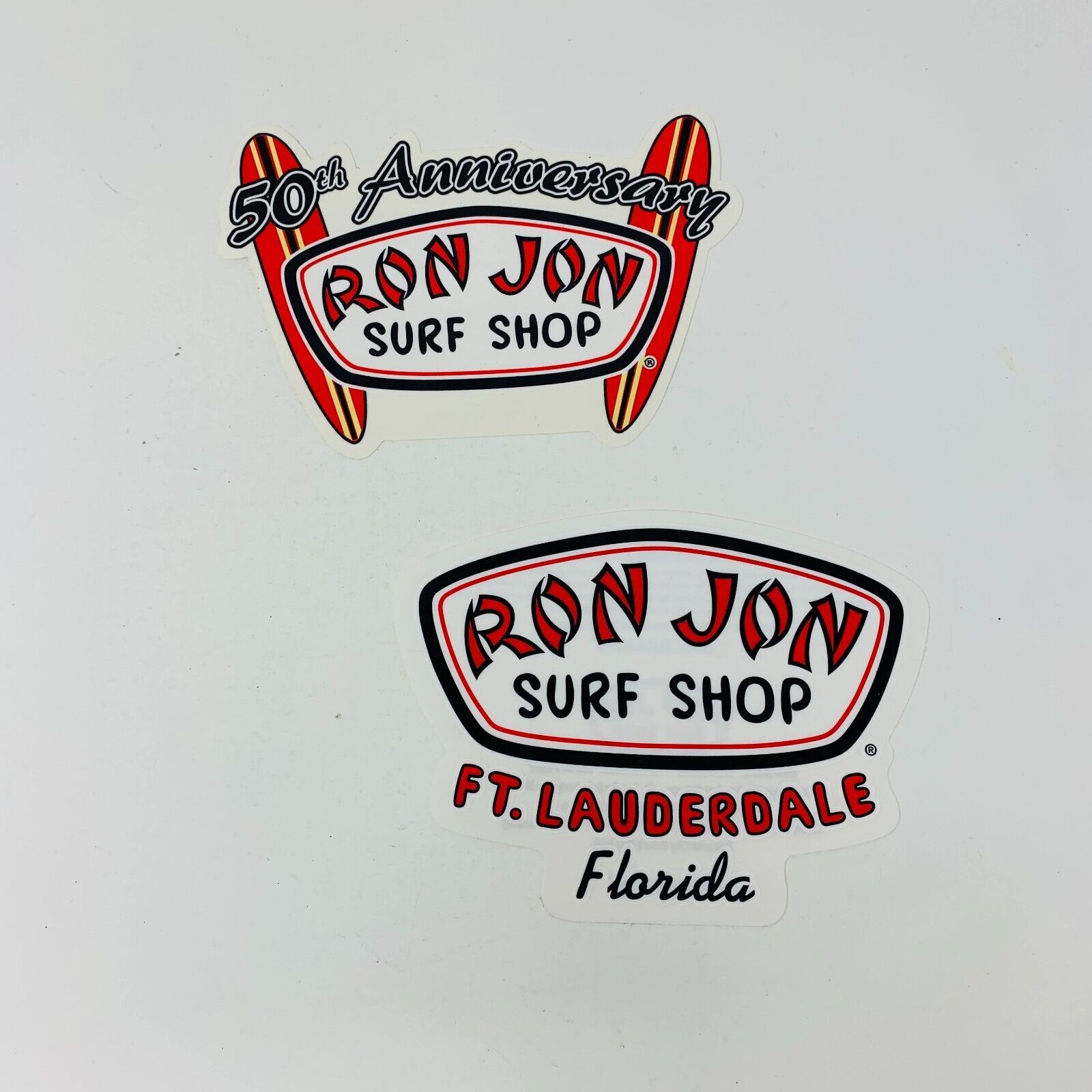 Lot of 2 Ron Jon Surf Shop Stickers 50th Anniversary/FT. Lauderdale Florida