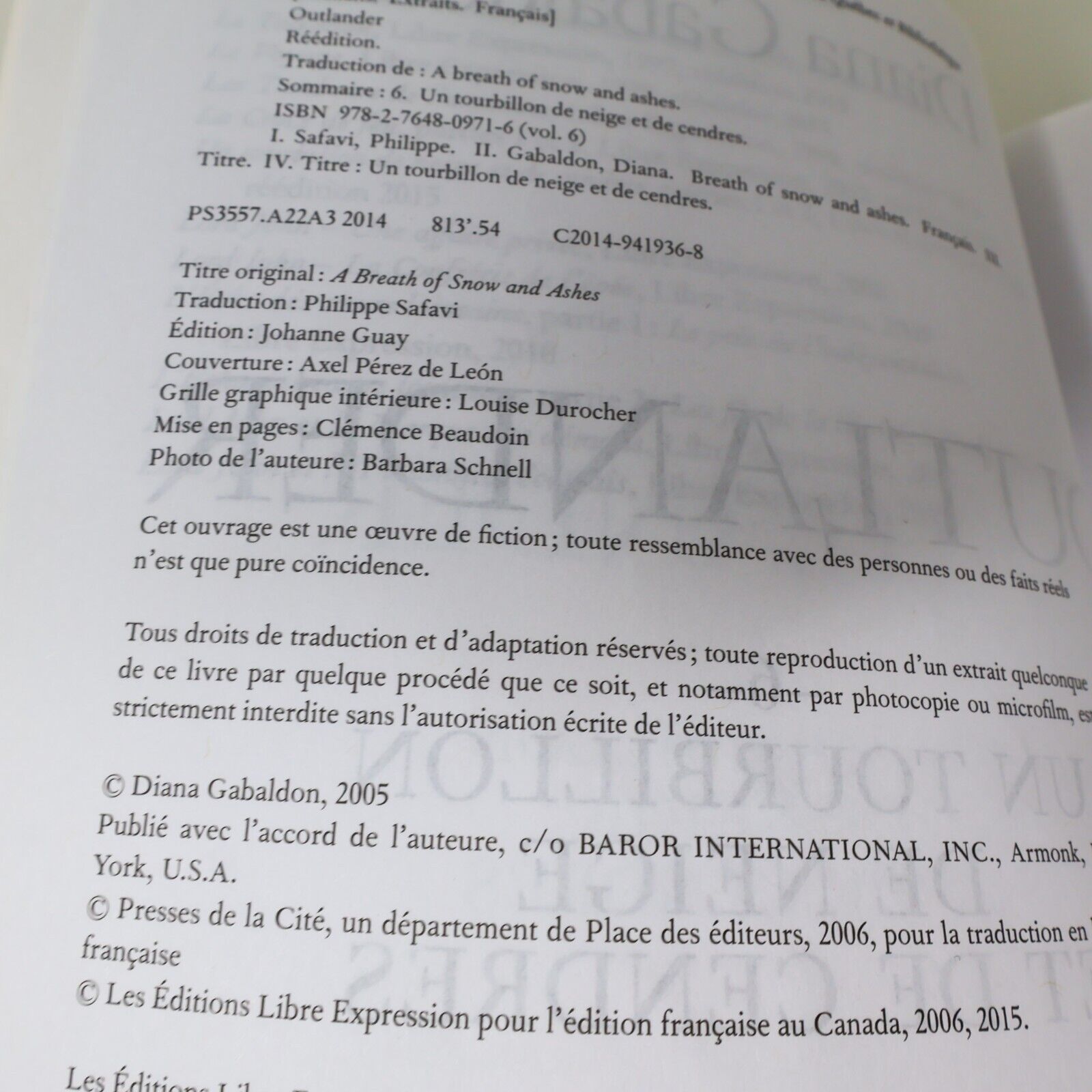 2015 Un Tourbillon de Neige et de Cendres Diana Gabaldon Omnibus Outlander #6 PB