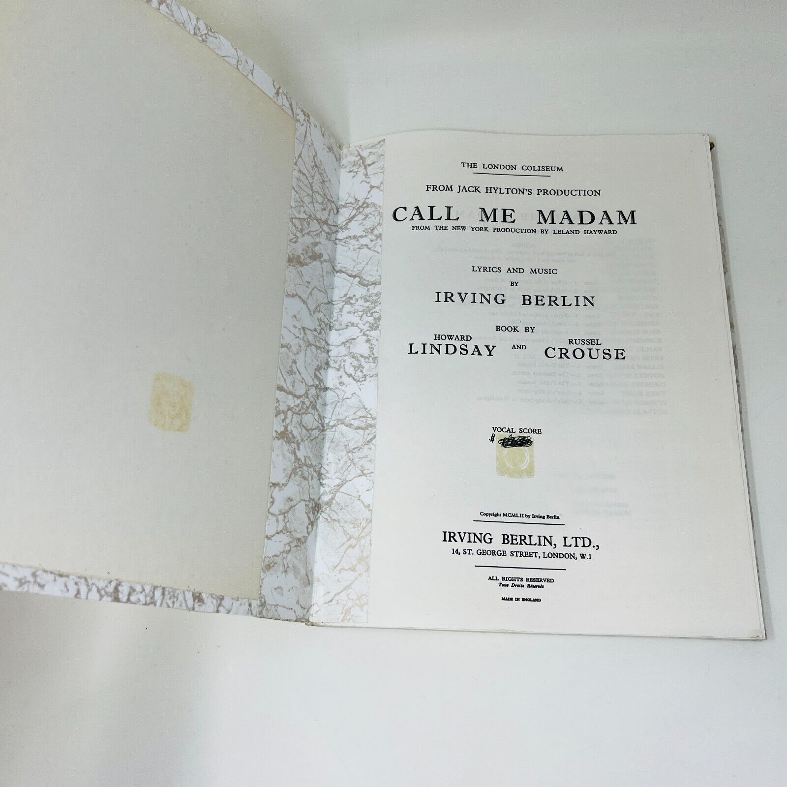 1952 Call Me Madam Irving Berlin Vocal Score Howard Lindsay/Russel Crouse Music