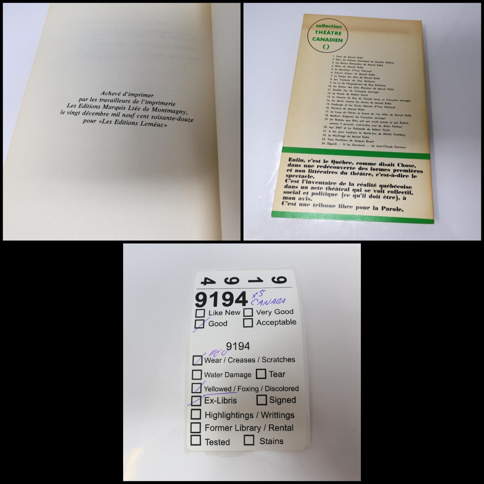Théâtre Québec Lot 5 Livres Leméac Wouf Wouf/Florence/Chant du Sink Français 70s