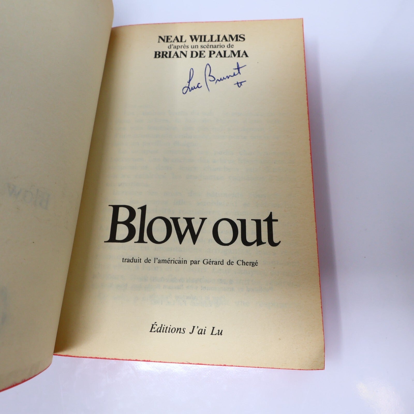 Blow Out Neal Williams/Brian de Palma J'ai Lu 1982 Thriller Film Français Livre
