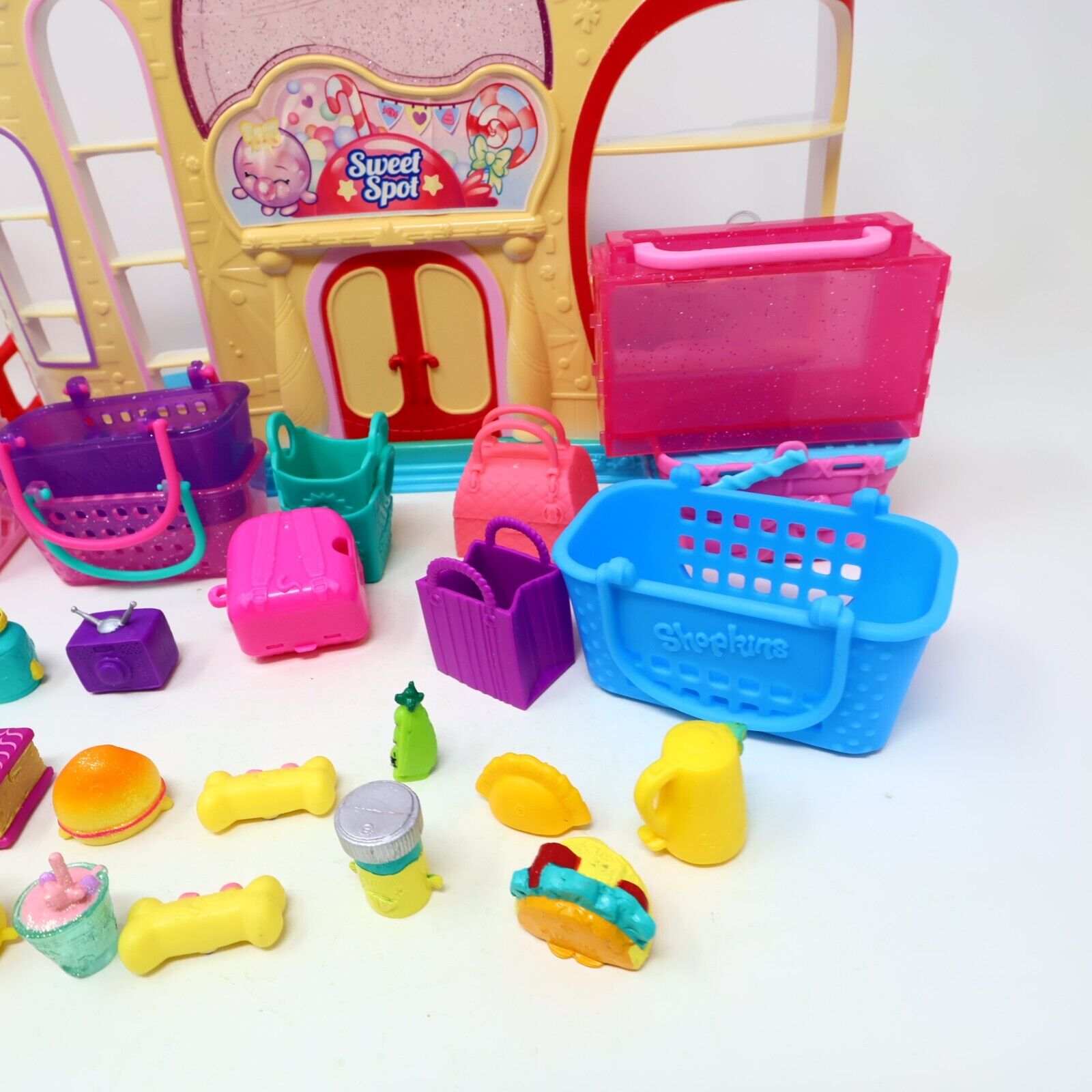 Lot of 20 Shopkins Figures + Sweet Spot Candy Shop Toys Baskets Mixed Moose
