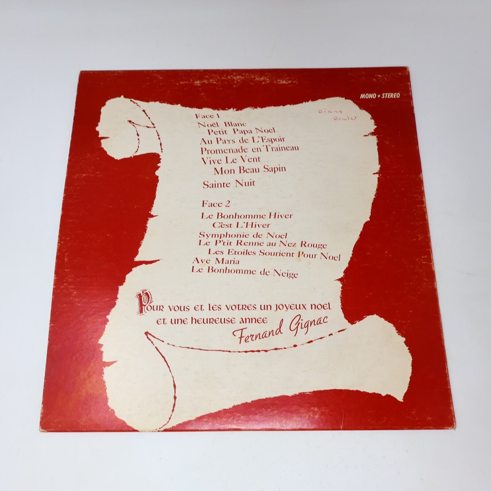 Fernand Gignac Chante Noël Disque LP Petit Papa Noël Blanc Ave Maria FS 16915