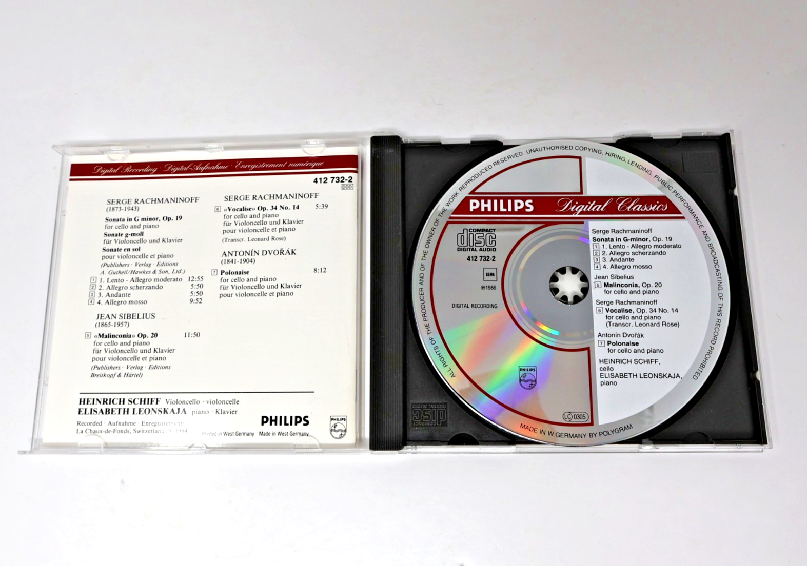 Rachmaninoff/Dvořák/Sibelius Cello Sonata/Vocalise CD Heinrich Schiff/Leonskaja