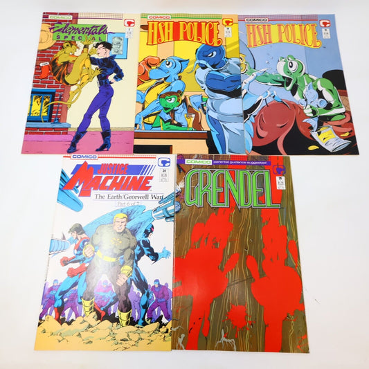 Lot of 5 Mixed Comico Comics Grendel Justice Machine Fish Police 1988-89 80s