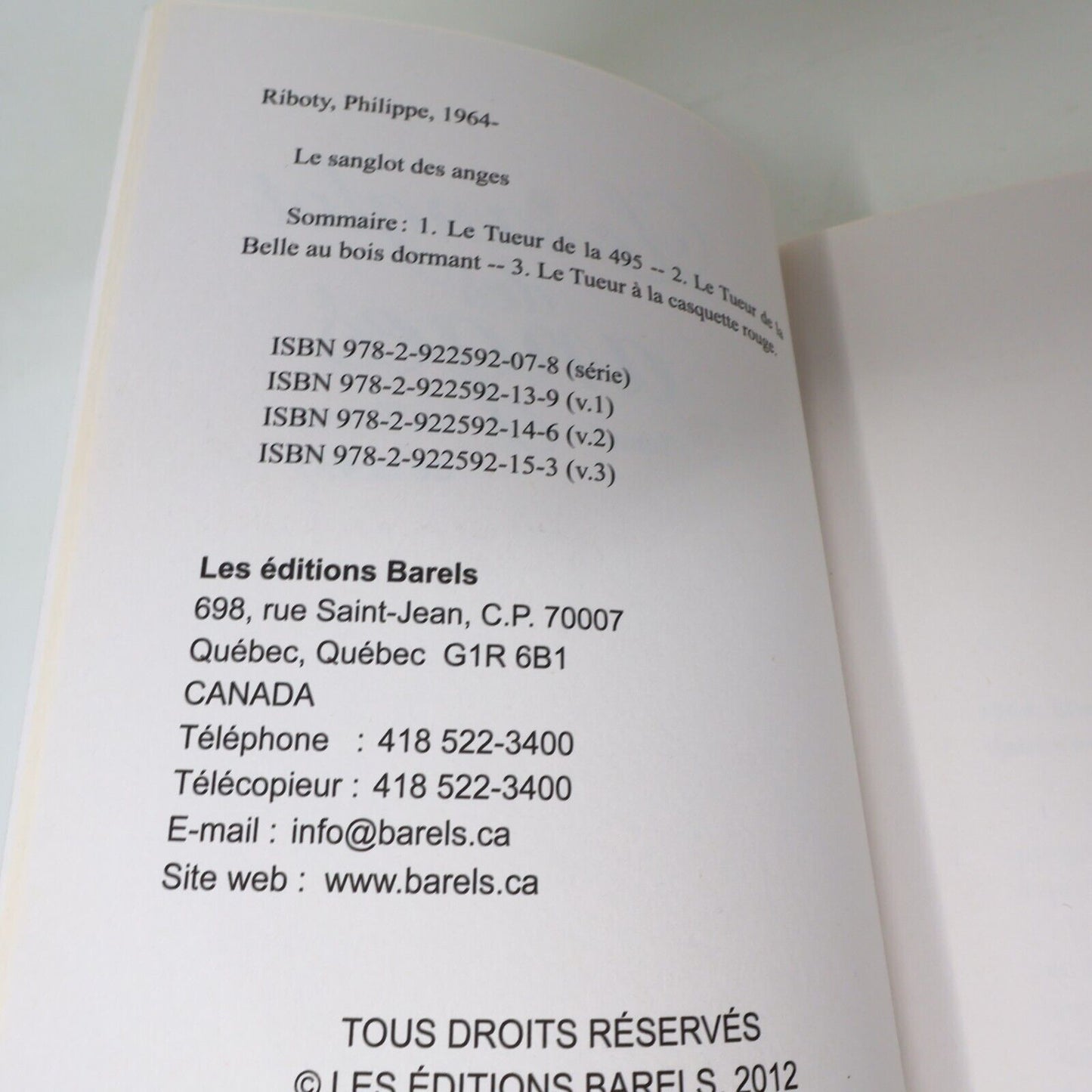 2008 Trilogie le Sanglot des Anges Philippe Riboty Coffret Barels Roman Policier
