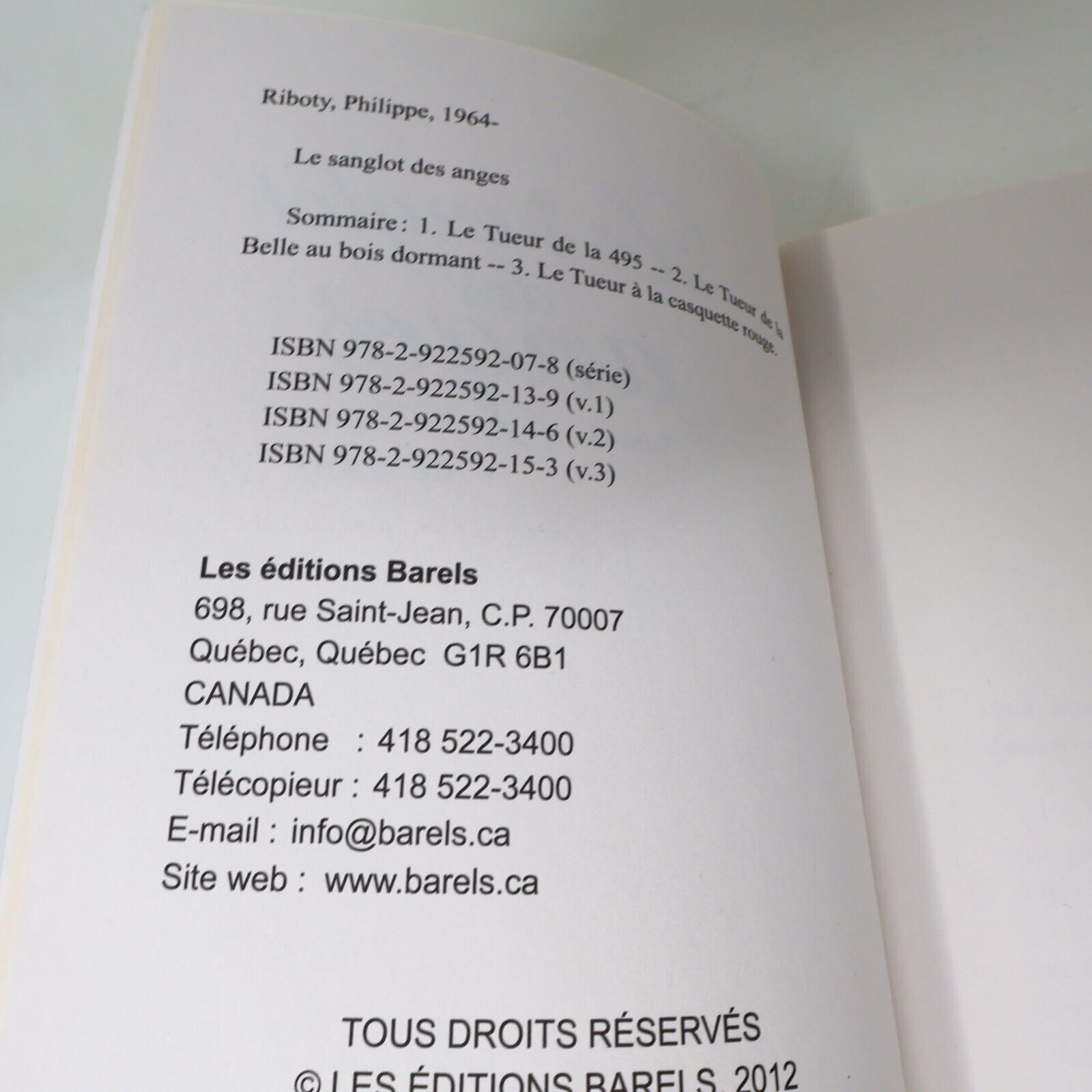 2008 Trilogie le Sanglot des Anges Philippe Riboty Coffret Barels Roman Policier