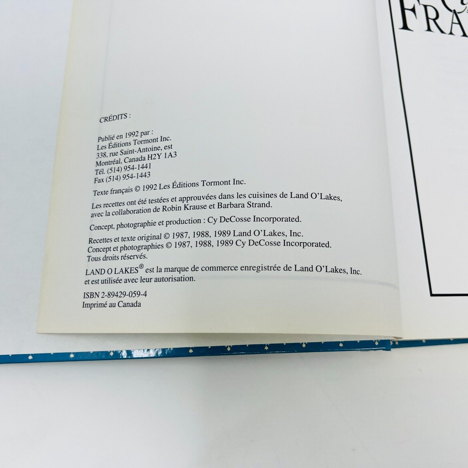 1992 Cuisine Fraicheur Livre de Recettes Cuisine Tormont Français Krause/Strand