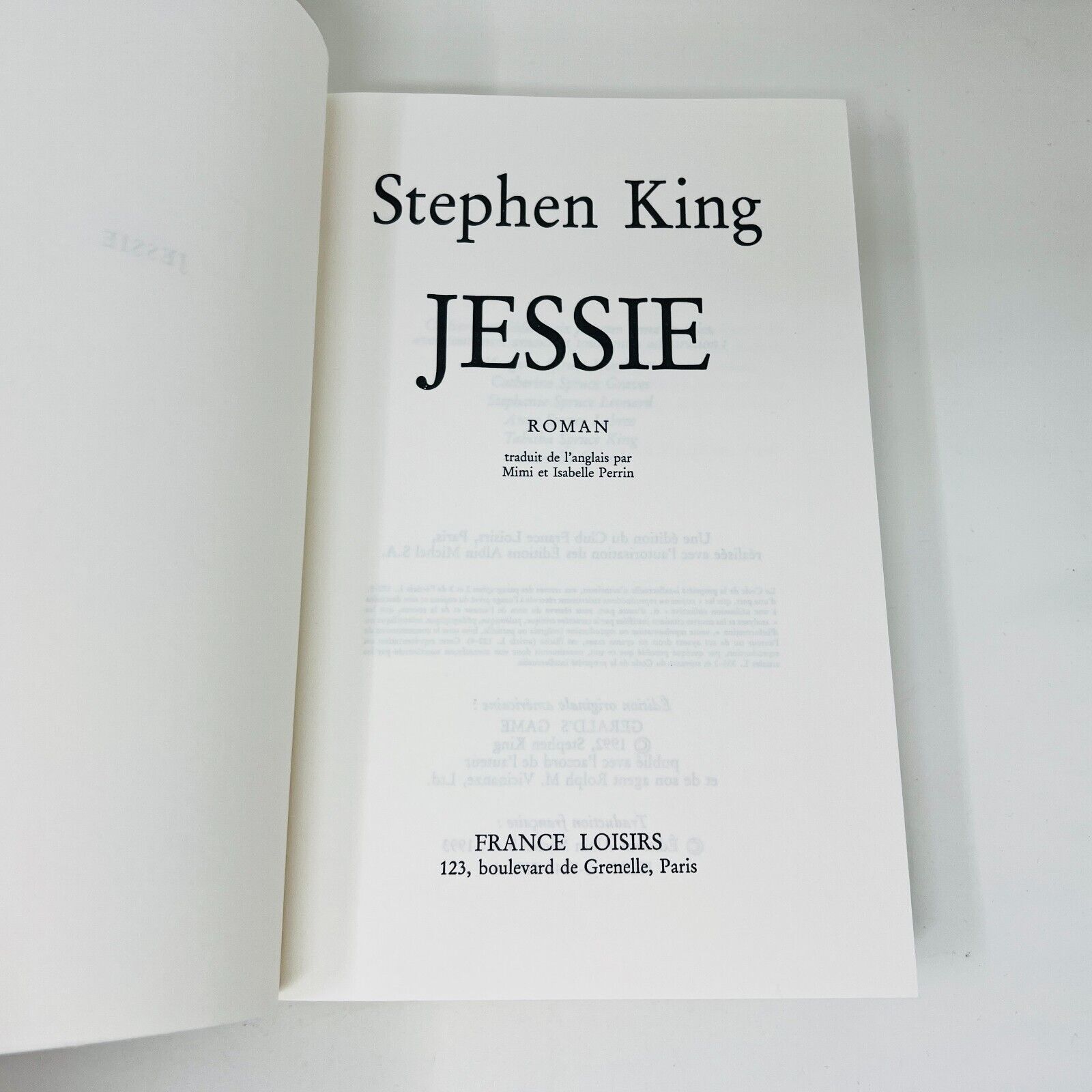 1993 Jessie de Stephen King France Loisirs  Français Gerald's Game French HC DJ