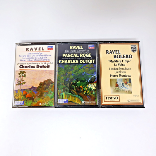 Ravel 3 Cassettes Lot Bolero/Ma Mère L'oye/Pianos Conertos Dutoit/Monteux/Rogé