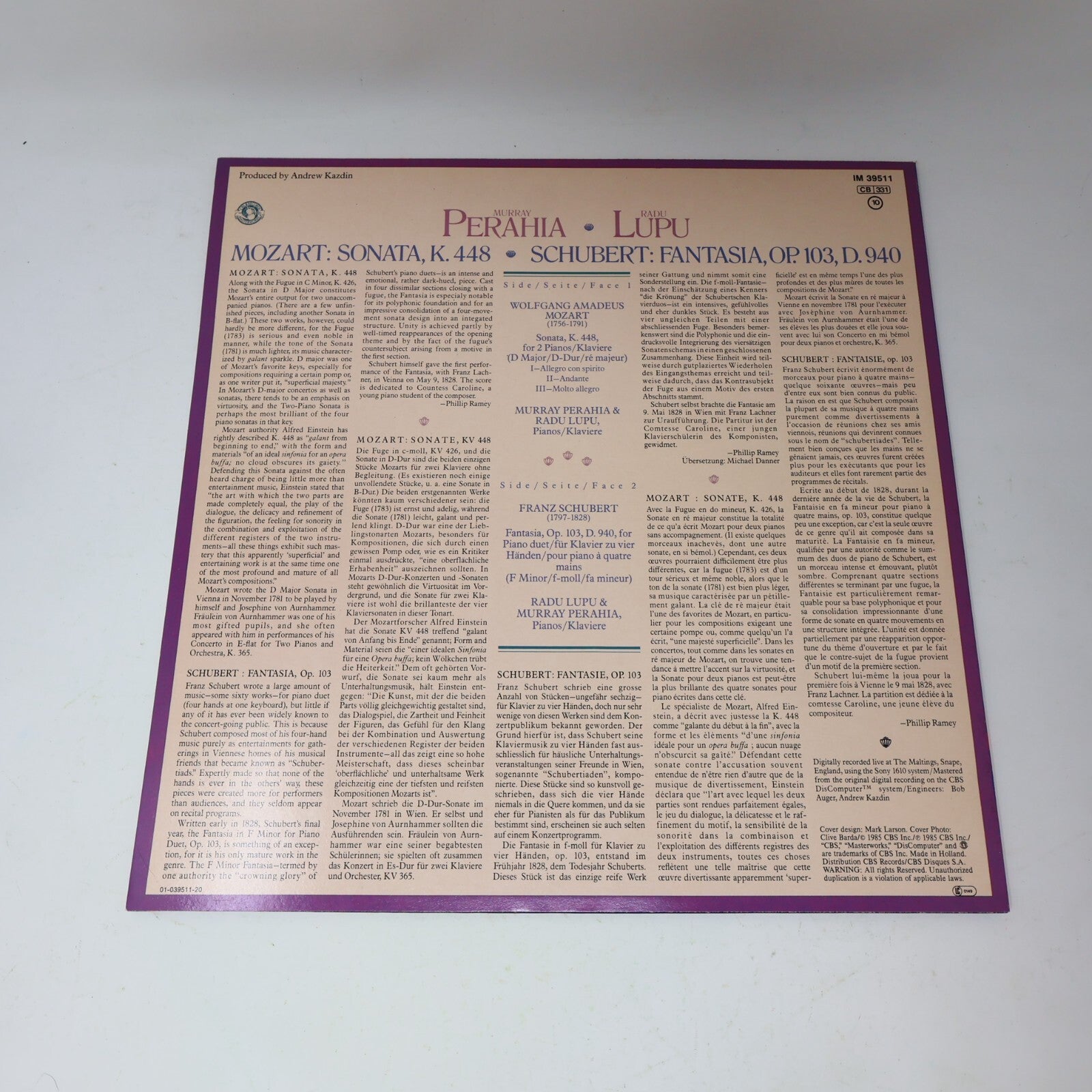 Murray Perahia Radu Lupu Mozart Sonata Schubert Fantasia LP Record 1985 CBS