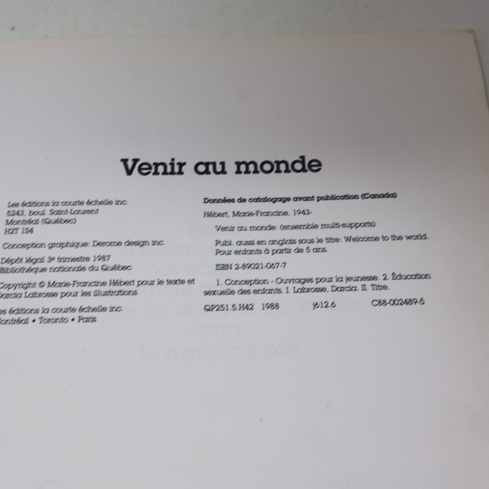 1987 Venir au Monde La Courte Échelle de Marie-Francine Hébert Français PB 80s