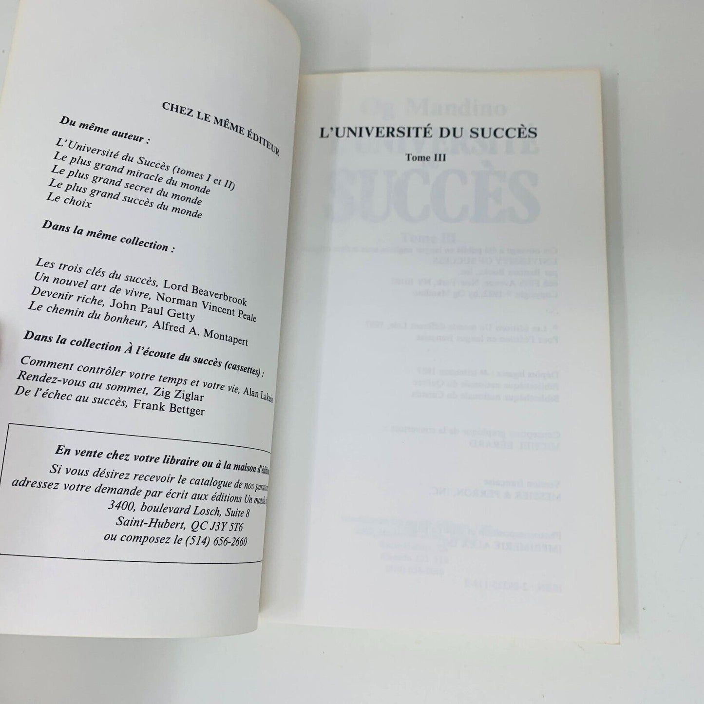 1987 L'Université du Succès Tome #2-3 Og Mandino Un Monde Différent Lot Livres