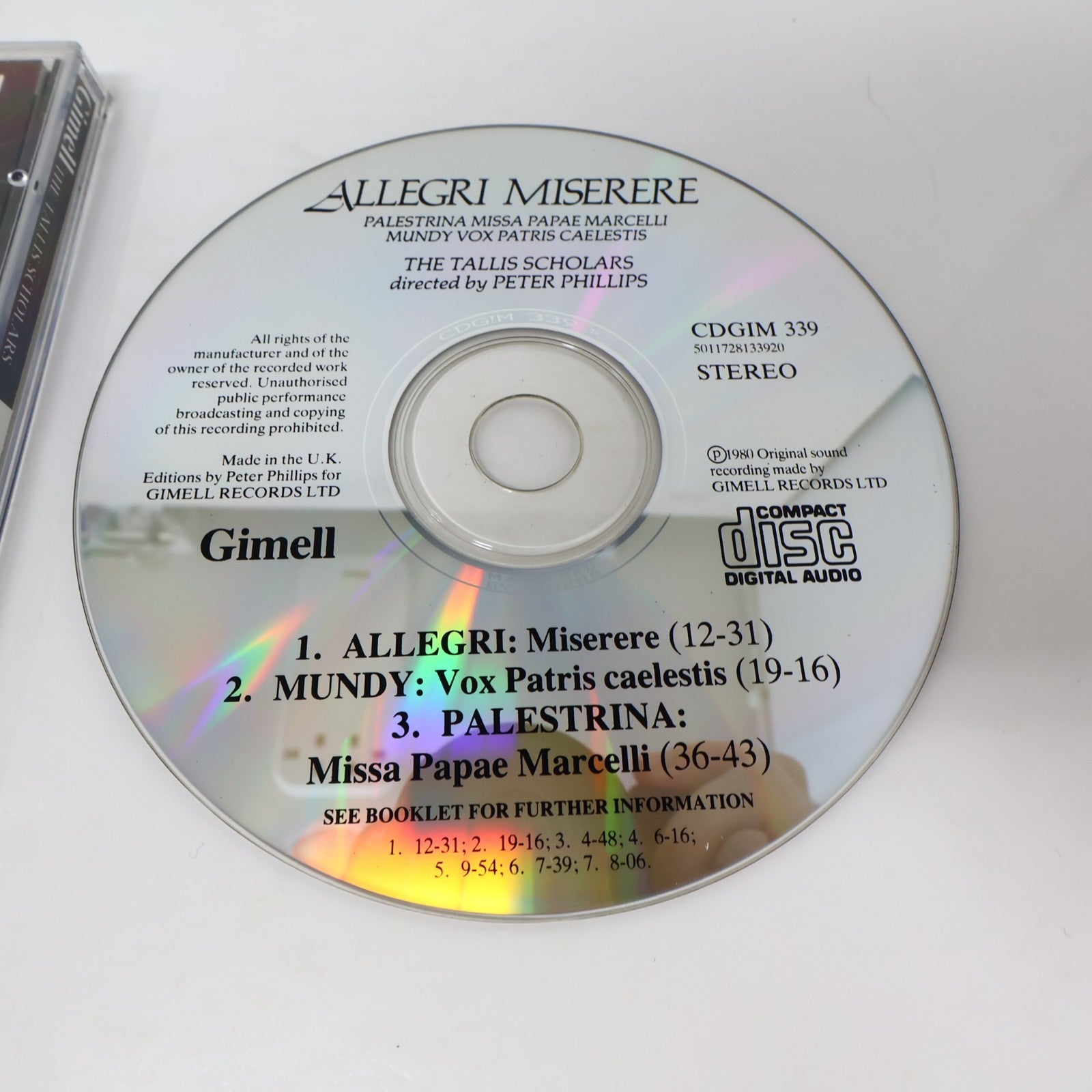 Allegri Miserere CD William Mundy/Palestrina/The Tallis Scholars/Peter Phillips