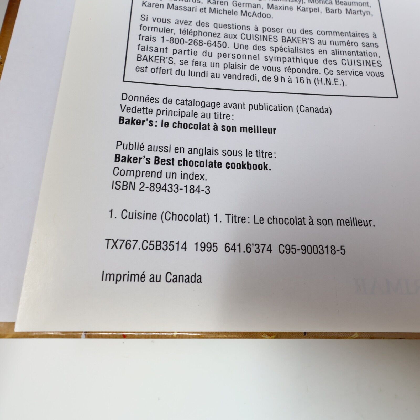 1995 Baker's le Chocolat à son Meilleur Desserts Cuisine Recettes Brimar Livre