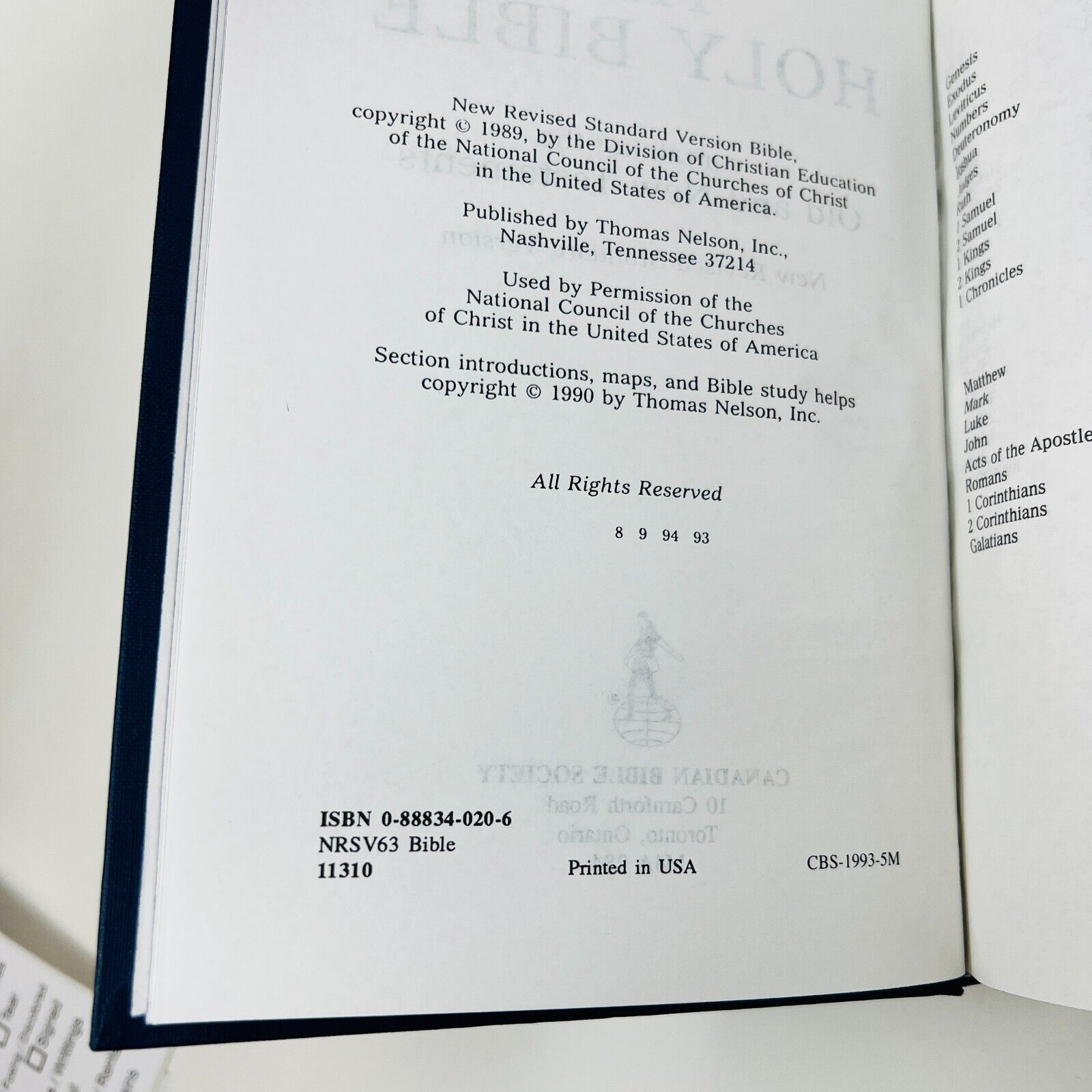 1993 Holy Bible NRSV Canadian Bible Society Hardcover New Revised Standard Vers.