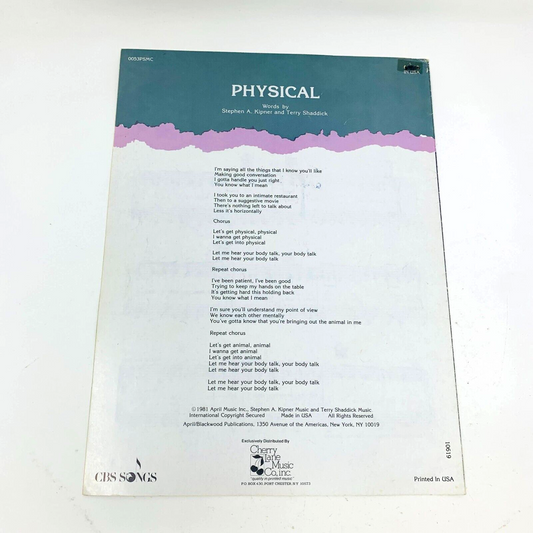 1981 Olivia Newton John Physical Sheet Music Steve Kipner & Shaddick Cherry Lane
