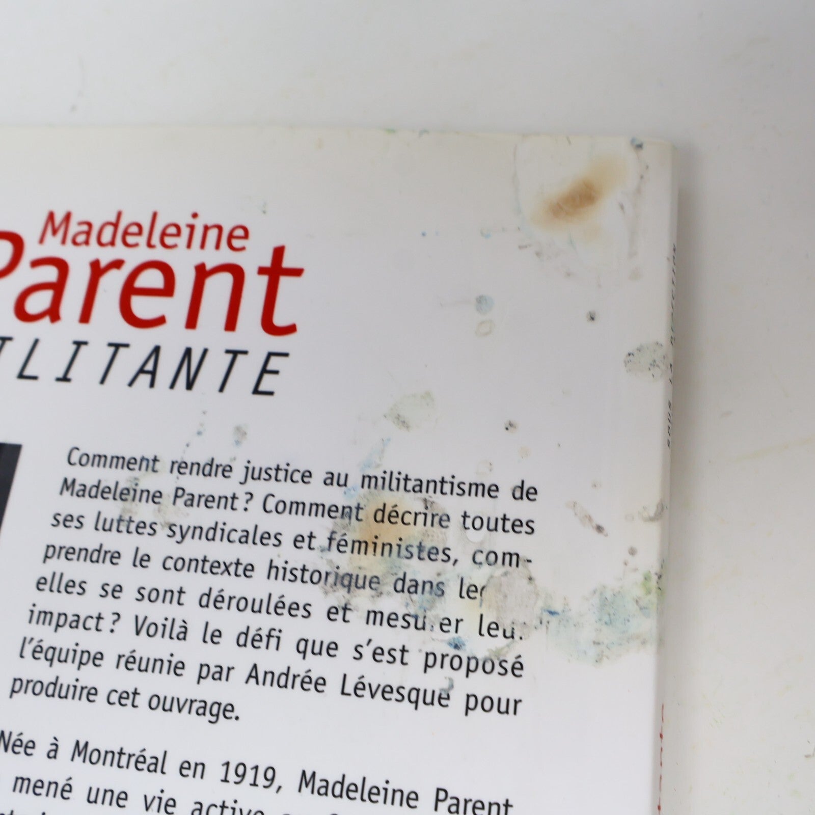 Livre Signé Madeleine Parent Militante Andrée Lévesque 2003 Remue-ménage Société